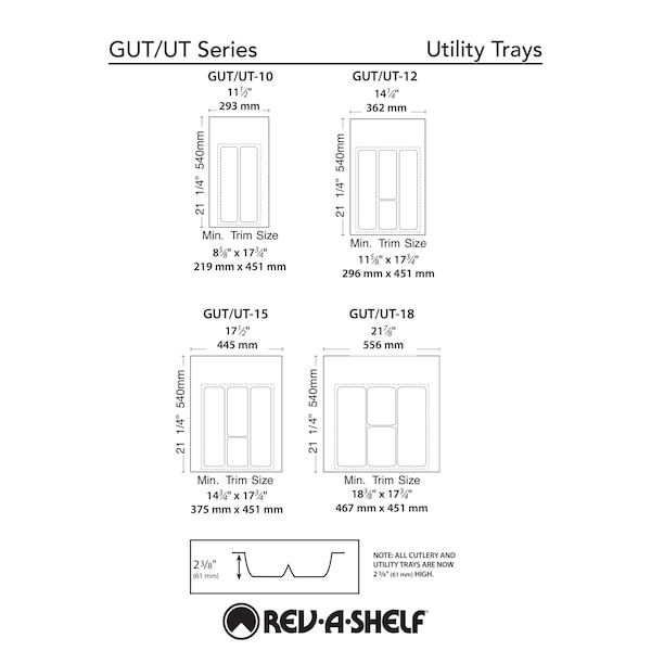 Rev-A-Shelf Polystyrene, White, 17.5 in W, 2.38 in H, 21.25 in D, 21.25 in L, White - UT-15W-52