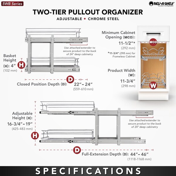 Rev-A-Shelf Steel, Silver, 11.75 in W, 19 in H, 22 in D, 22 in L, Silver - 5WB2-1222CR-1