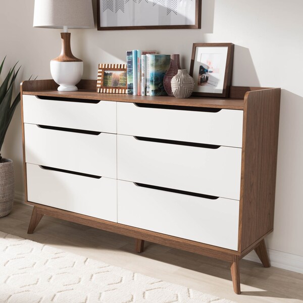 Baxton Studio Brighton Mid-Century White and Walnut Wood 6-Drawer Storage Dresser - 137-7496