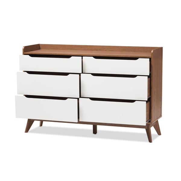 Baxton Studio Brighton Mid-Century White and Walnut Wood 6-Drawer Storage Dresser - 137-7496