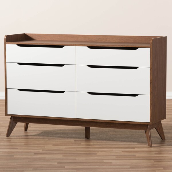 Baxton Studio Brighton Mid-Century White and Walnut Wood 6-Drawer Storage Dresser - 137-7496