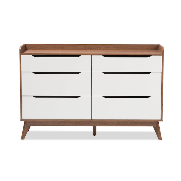Baxton Studio Brighton Mid-Century White and Walnut Wood 6-Drawer Storage Dresser - 137-7496