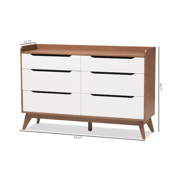 Baxton Studio Brighton Mid-Century White and Walnut Wood 6-Drawer Storage Dresser - 137-7496