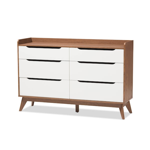 Baxton Studio Brighton Mid-Century White and Walnut Wood 6-Drawer Storage Dresser - 137-7496