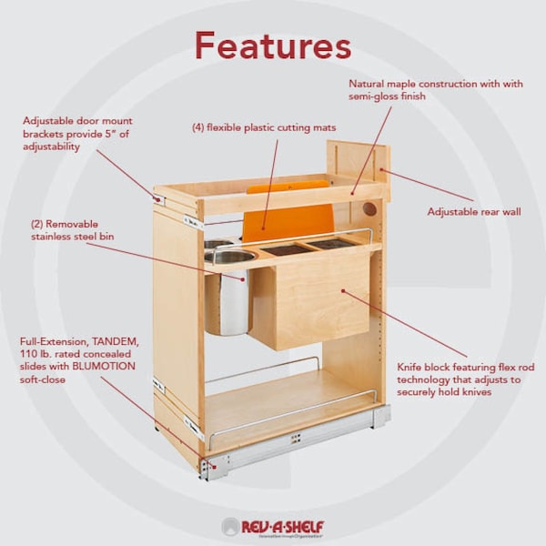 Rev-A-Shelf Maple Wood; Steel; Plastic, Natural Maple, 11.75 in W, 25.5 in H, 21.63 in D - 448KB-BCSC-11C
