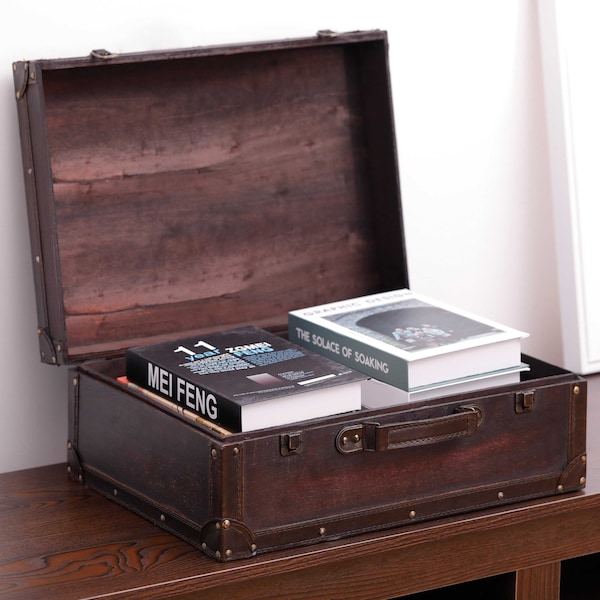 Vintiquewise Vintage Style Brown Wooden Suitcase with Leather Trim - QI003235