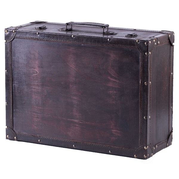 Vintiquewise Vintage Style Brown Wooden Suitcase with Leather Trim - QI003235