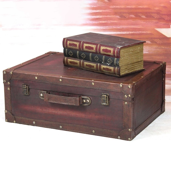 Vintiquewise Vintage Style Brown Wooden Suitcase with Leather Trim - QI003235