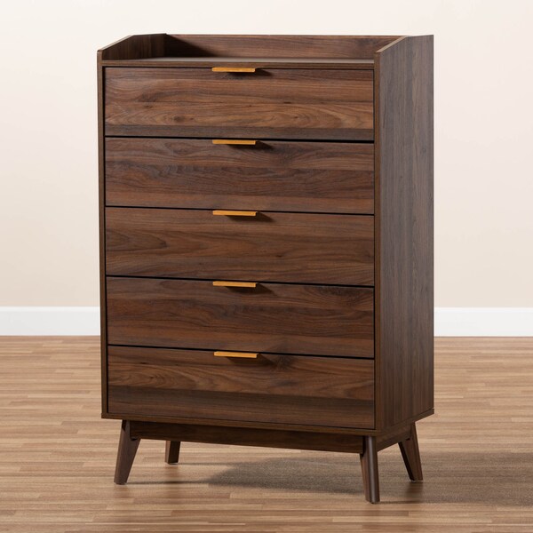 Baxton Studio Lena Mid-Century Walnut Brown Finished 5-Drawer Wood Chest - 157-9535