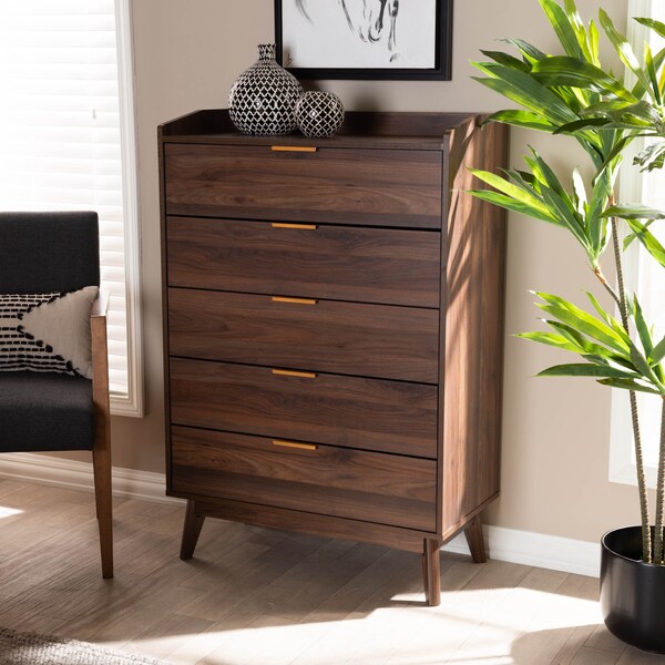 Baxton Studio Lena Mid-Century Walnut Brown Finished 5-Drawer Wood Chest - 157-9535