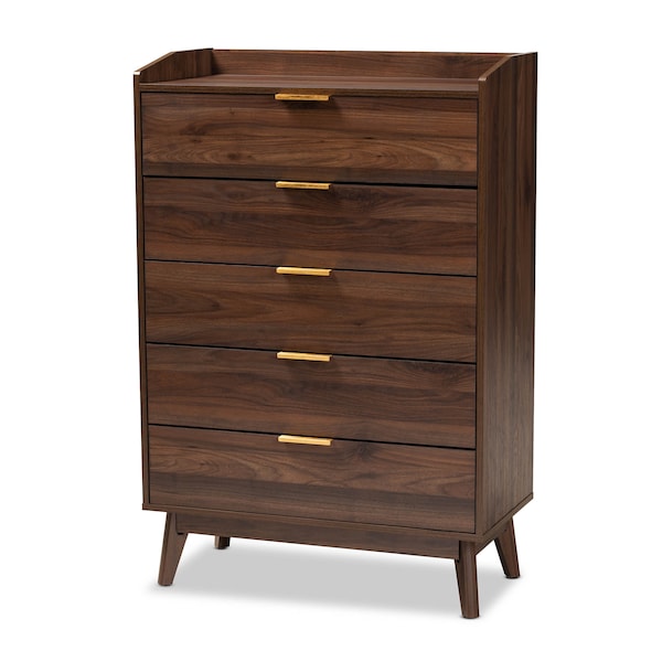 Baxton Studio Lena Mid-Century Walnut Brown Finished 5-Drawer Wood Chest - 157-9535