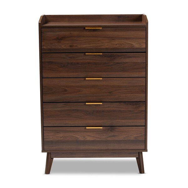 Baxton Studio Lena Mid-Century Walnut Brown Finished 5-Drawer Wood Chest - 157-9535
