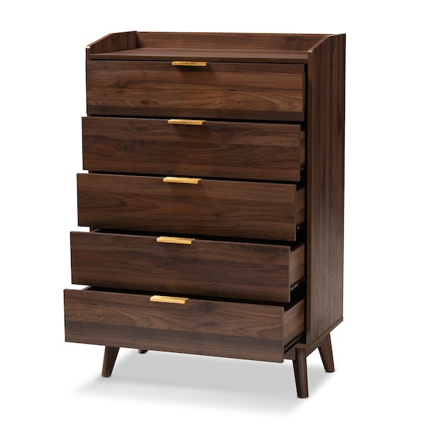 Baxton Studio Lena Mid-Century Walnut Brown Finished 5-Drawer Wood Chest - 157-9535