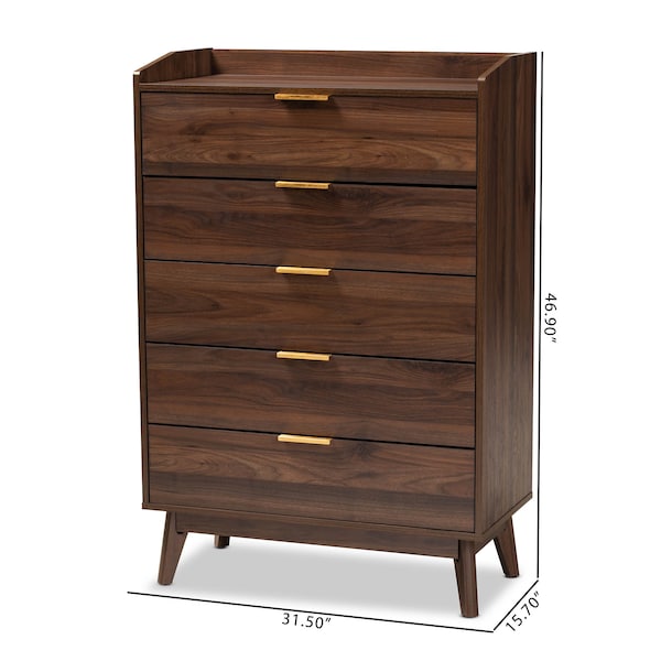 Baxton Studio Lena Mid-Century Walnut Brown Finished 5-Drawer Wood Chest - 157-9535