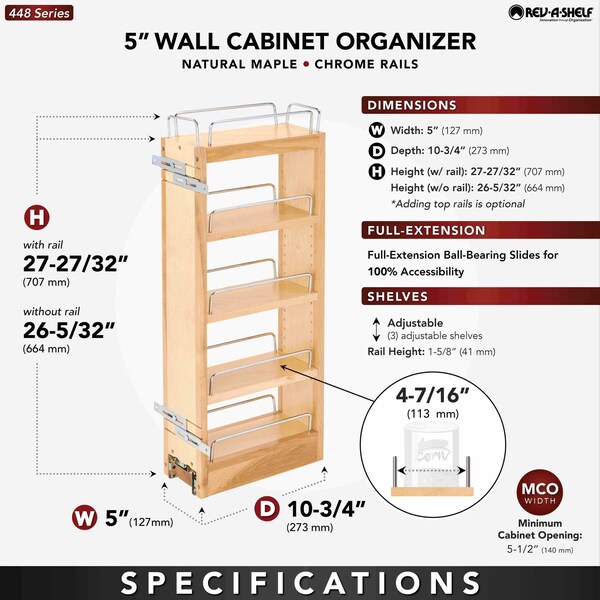 Rev-A-Shelf Maple Wood; Steel, Natural Maple, 5 in W, 26.25 in H, 10.75 in D - 448-WC-5C