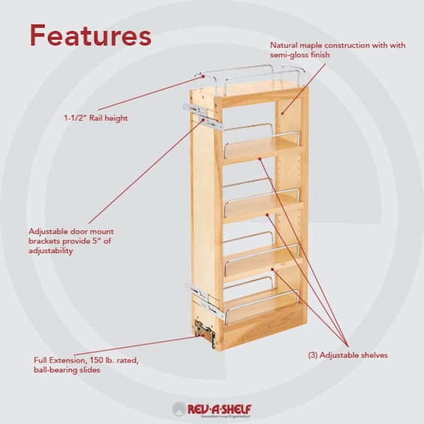 Rev-A-Shelf Maple Wood; Steel, Natural Maple, 5 in W, 26.25 in H, 10.75 in D - 448-WC-5C