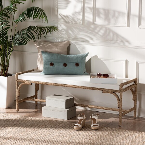 Bali & Pari Nasim Modern Bohemian Natural Seagrass and Metal Accent Bench - 240-13450-ZORO