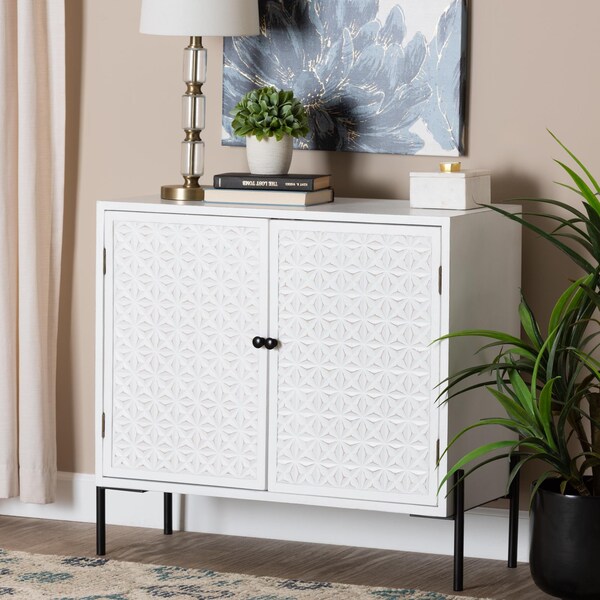 Baxton Studio Nefeli Mid-Century Transitional White Finished Wood and Black Metal 2-Door Storage Cabinet - 239-13528-ZORO