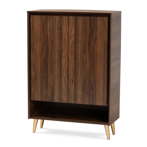 Baxton Studio Landen Mid-Century Modern Walnut Brown and Gold Finished Wood 2-Door Entryway Shoe storage Cabinet - 174-10958-ZORO