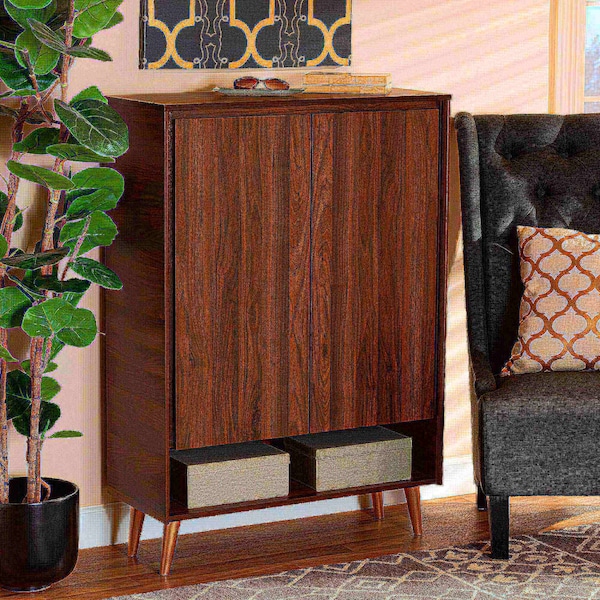 Baxton Studio Landen Mid-Century Modern Walnut Brown and Gold Finished Wood 2-Door Entryway Shoe storage Cabinet - 174-10958-ZORO