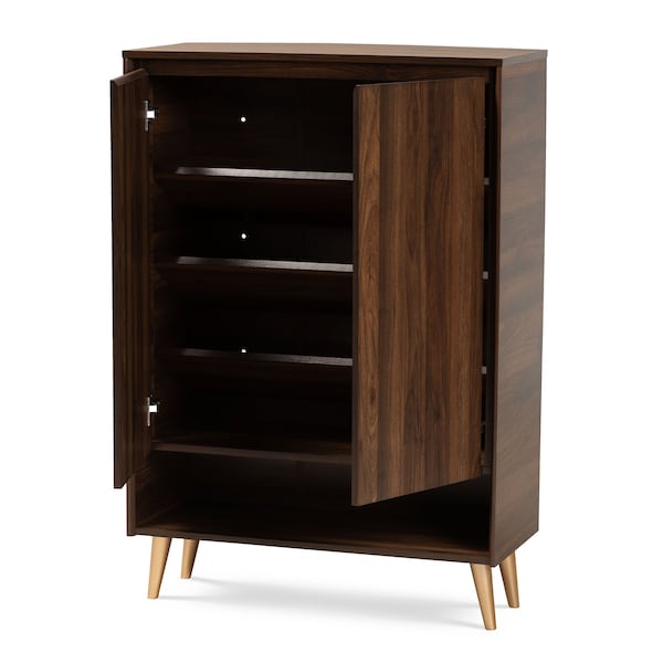 Baxton Studio Landen Mid-Century Modern Walnut Brown and Gold Finished Wood 2-Door Entryway Shoe storage Cabinet - 174-10958-ZORO