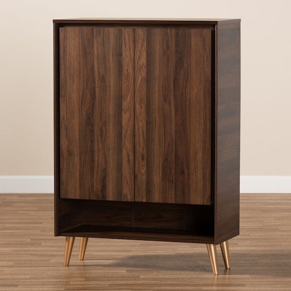 Baxton Studio Landen Mid-Century Modern Walnut Brown and Gold Finished Wood 2-Door Entryway Shoe storage Cabinet - 174-10958-ZORO