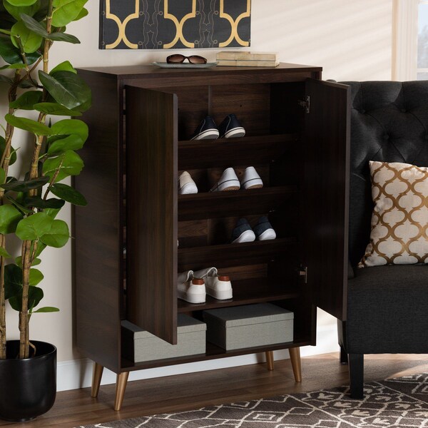 Baxton Studio Landen Mid-Century Modern Walnut Brown and Gold Finished Wood 2-Door Entryway Shoe storage Cabinet - 174-10958-ZORO