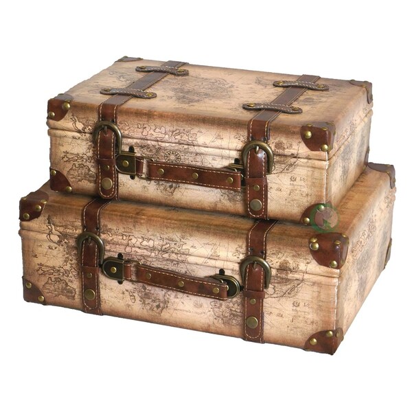 Vintiquewise Old World Map Leather Vintage Style Suitcase with Straps, PK 2 - QI003048.2