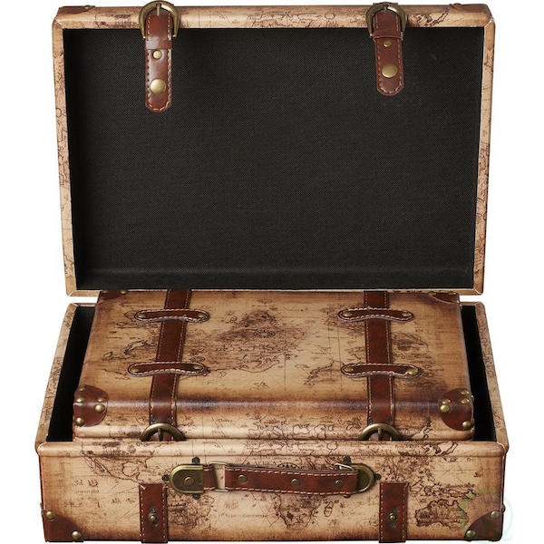 Vintiquewise Old World Map Leather Vintage Style Suitcase with Straps, PK 2 - QI003048.2