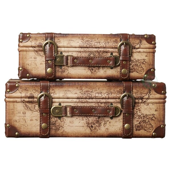 Vintiquewise Old World Map Leather Vintage Style Suitcase with Straps, PK 2 - QI003048.2