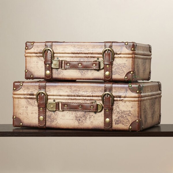Vintiquewise Old World Map Leather Vintage Style Suitcase with Straps, PK 2 - QI003048.2