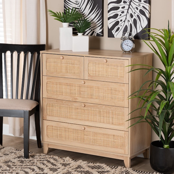 Baxton Studio Elsbeth Mid-Century Modern Oak Brown Finished Wood and Natural Rattan 5-Drawer Storage Cabinet - 226-12954-ZORO