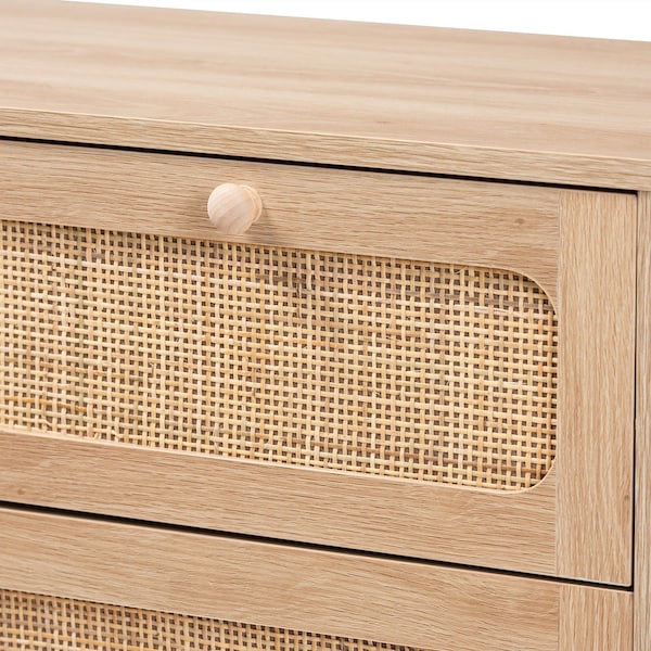 Baxton Studio Elsbeth Mid-Century Modern Oak Brown Finished Wood and Natural Rattan 5-Drawer Storage Cabinet - 226-12954-ZORO