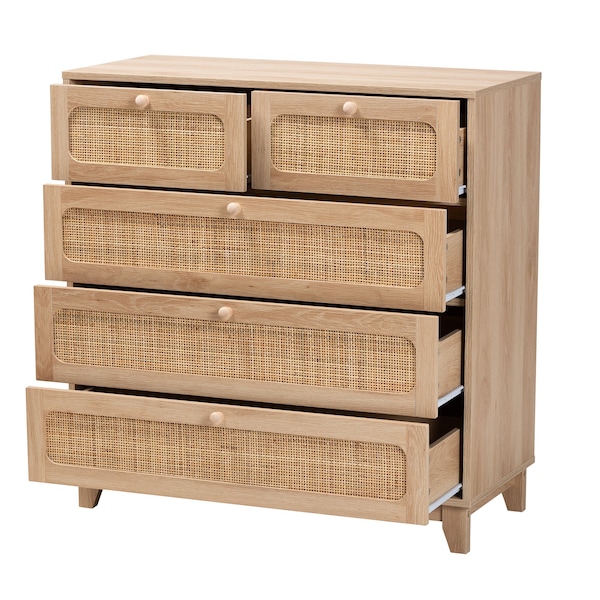 Baxton Studio Elsbeth Mid-Century Modern Oak Brown Finished Wood and Natural Rattan 5-Drawer Storage Cabinet - 226-12954-ZORO