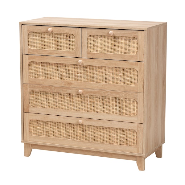 Baxton Studio Elsbeth Mid-Century Modern Oak Brown Finished Wood and Natural Rattan 5-Drawer Storage Cabinet - 226-12954-ZORO