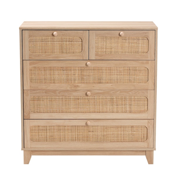 Baxton Studio Elsbeth Mid-Century Modern Oak Brown Finished Wood and Natural Rattan 5-Drawer Storage Cabinet - 226-12954-ZORO