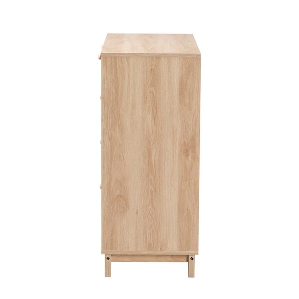 Baxton Studio Elsbeth Mid-Century Modern Oak Brown Finished Wood and Natural Rattan 5-Drawer Storage Cabinet - 226-12954-ZORO