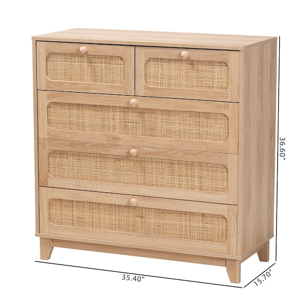 Baxton Studio Elsbeth Mid-Century Modern Oak Brown Finished Wood and Natural Rattan 5-Drawer Storage Cabinet - 226-12954-ZORO