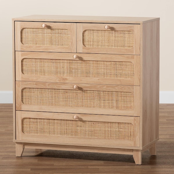 Baxton Studio Elsbeth Mid-Century Modern Oak Brown Finished Wood and Natural Rattan 5-Drawer Storage Cabinet - 226-12954-ZORO