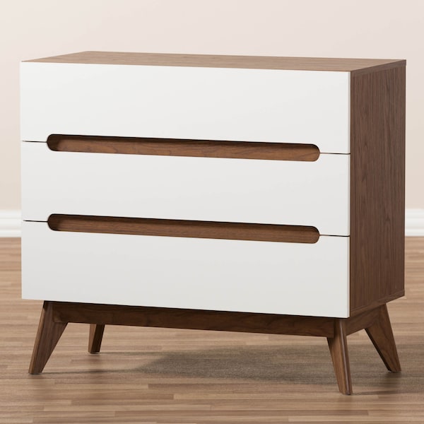 Baxton Studio Calypso Mid-Century White and Walnut Wood 3-Drawer Storage Chest - 137-7499