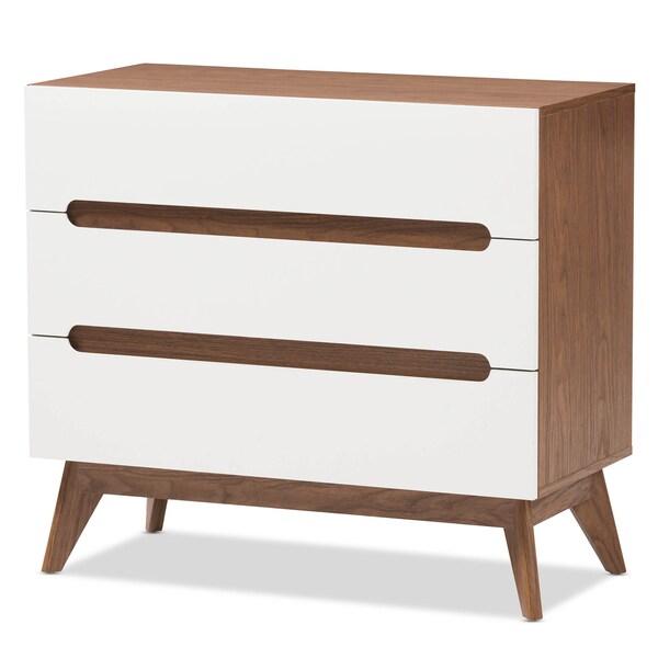 Baxton Studio Calypso Mid-Century White and Walnut Wood 3-Drawer Storage Chest - 137-7499