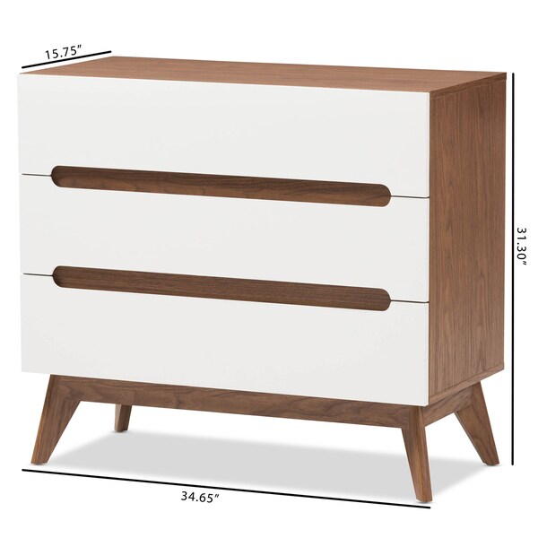 Baxton Studio Calypso Mid-Century White and Walnut Wood 3-Drawer Storage Chest - 137-7499