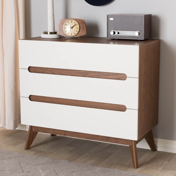 Baxton Studio Calypso Mid-Century White and Walnut Wood 3-Drawer Storage Chest - 137-7499