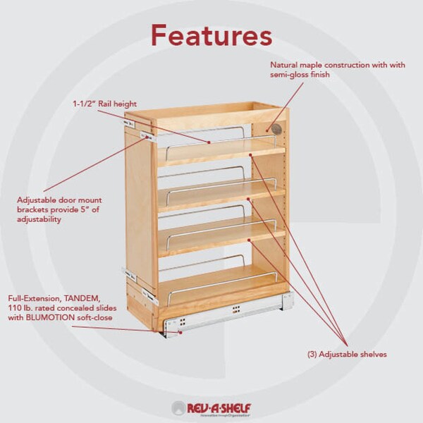 Rev-A-Shelf Maple Veneer, Light Brown, 8 in W, 25.5 in H, 19 in D, 19 in L, Light Brown - 448-BC19-8C