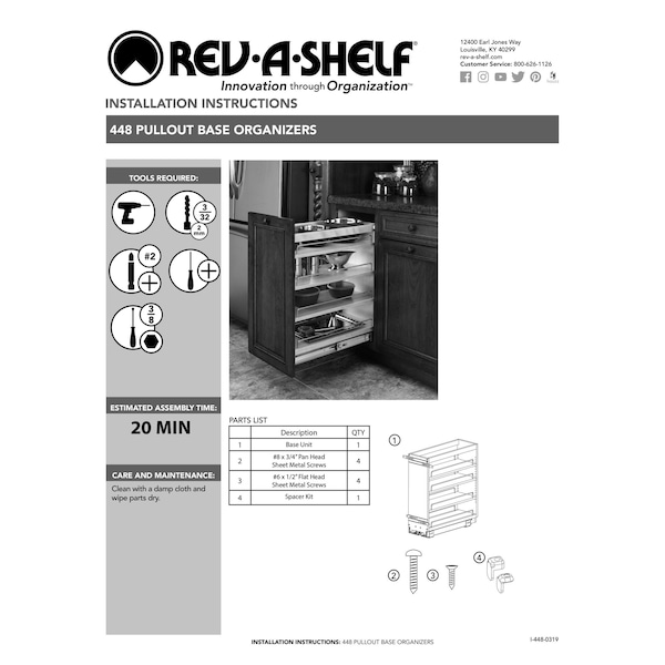 Rev-A-Shelf Maple Veneer, Light Brown, 8 in W, 25.5 in H, 19 in D, 19 in L, Light Brown - 448-BC19-8C