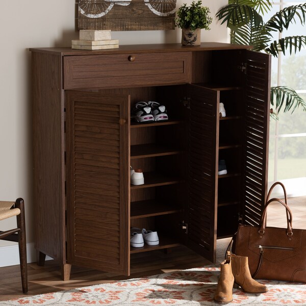 Baxton Studio Coolidge Walnut Finished 11-Shelf Wood Shoe Storage with Drawer - 156-9391