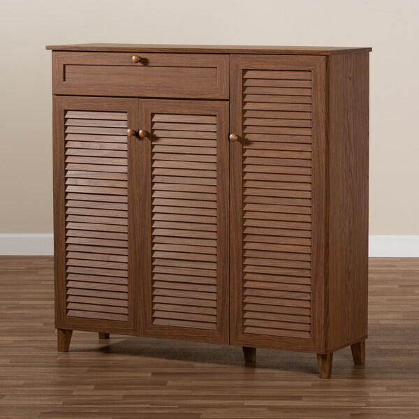 Baxton Studio Coolidge Walnut Finished 11-Shelf Wood Shoe Storage with Drawer - 156-9391