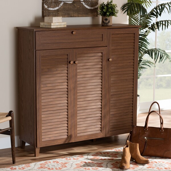 Baxton Studio Coolidge Walnut Finished 11-Shelf Wood Shoe Storage with Drawer - 156-9391