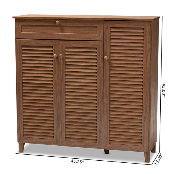 Baxton Studio Coolidge Walnut Finished 11-Shelf Wood Shoe Storage with Drawer - 156-9391