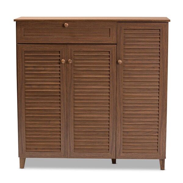 Baxton Studio Coolidge Walnut Finished 11-Shelf Wood Shoe Storage with Drawer - 156-9391